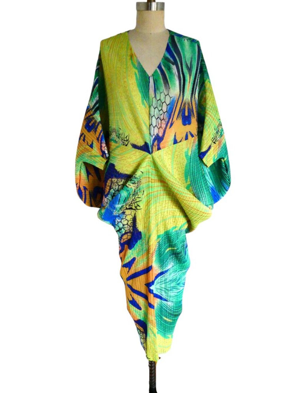 KELLY OBI Abstract print plisse pleated caftan dress OS